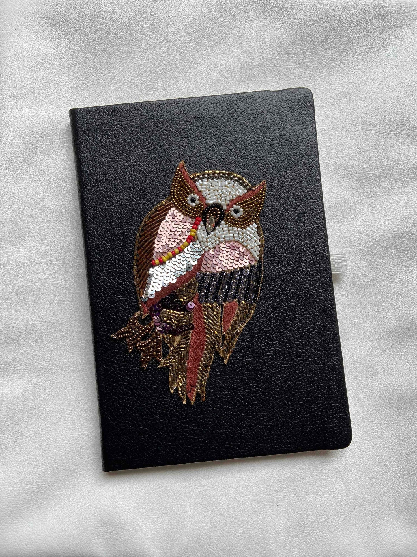 Quirky Black Owl Travel Journal,Handmade Bird Embroidered PU Vegan Leather Diary,Lined Notebook, Christmas Gift, Undated Planner