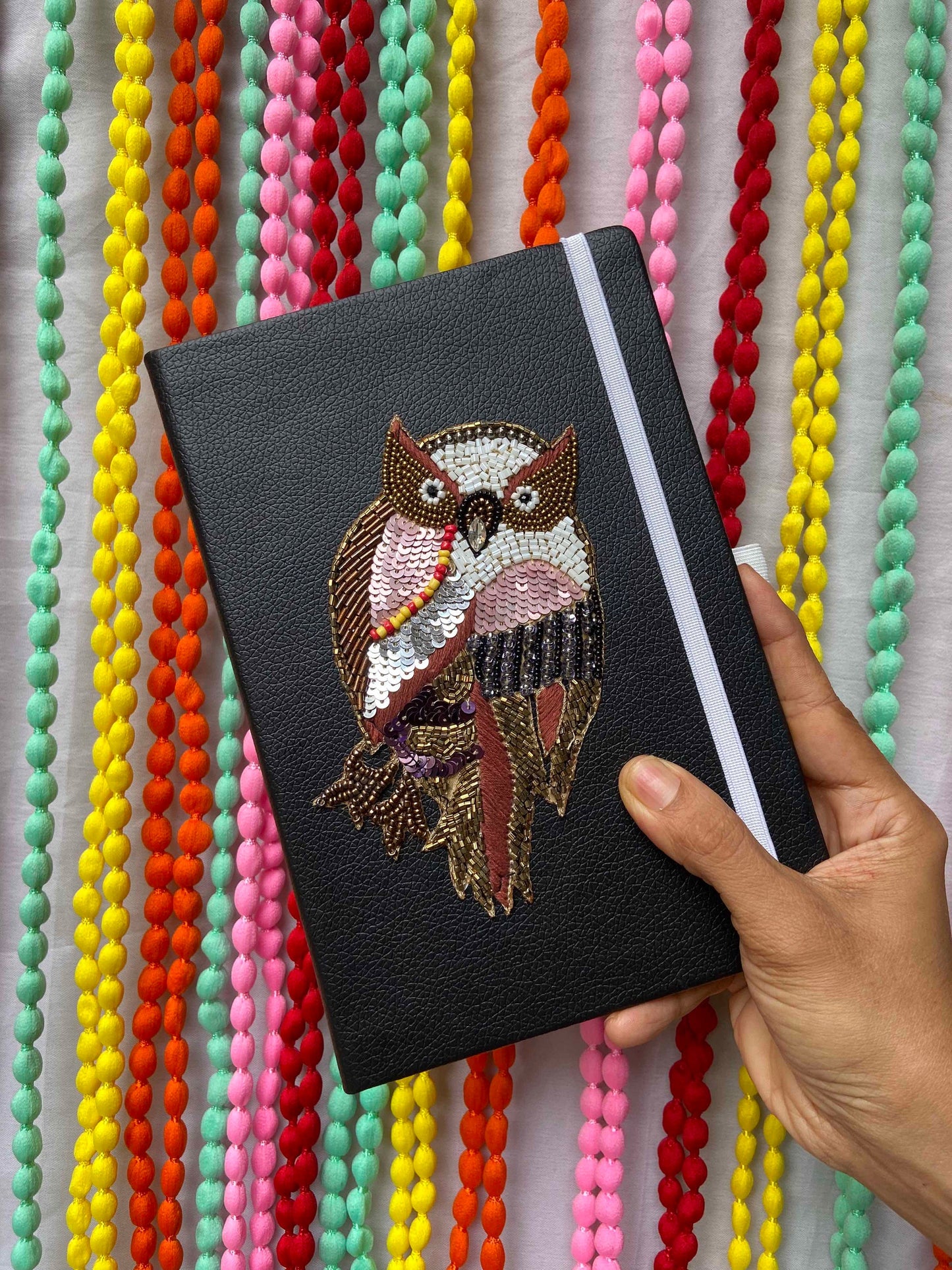 Quirky Black Owl Travel Journal,Handmade Bird Embroidered PU Vegan Leather Diary,Lined Notebook, Christmas Gift, Undated Planner