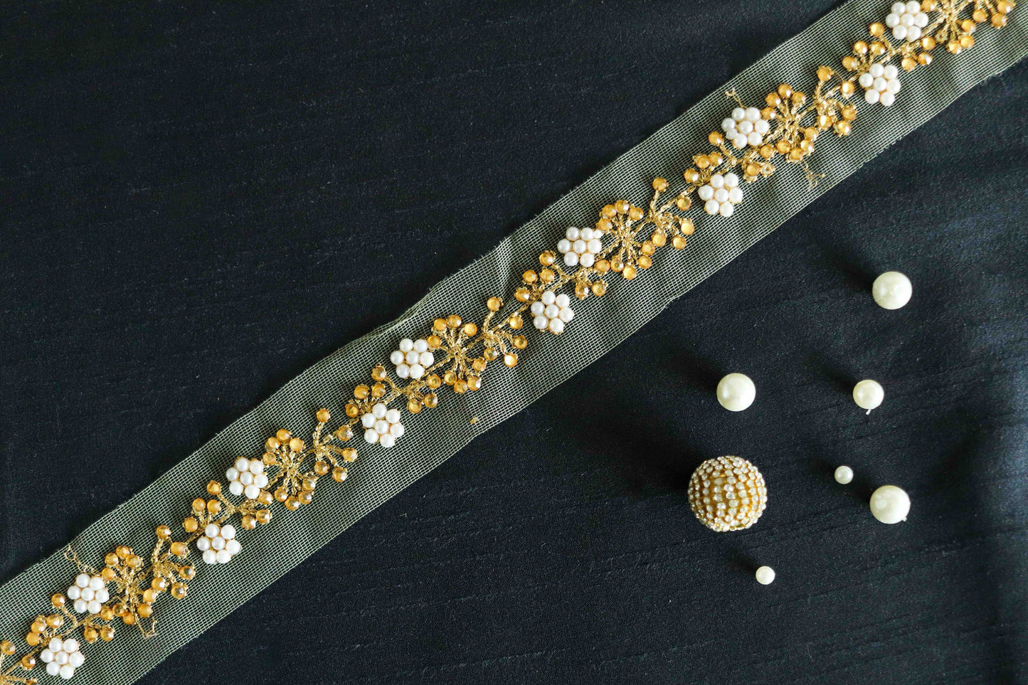 Pearl Floral Embroidered Net Trim,Beige White Gold Floral Border,Floral Vine Lace,Faux Pearl Stone Trim,Indian Trim,Saree Border,Price/mtr