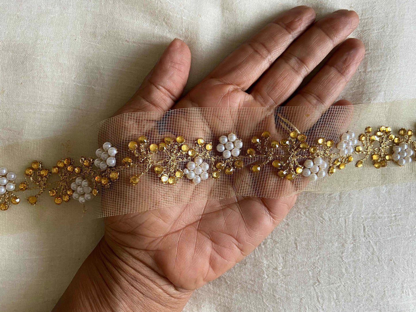 Pearl Floral Embroidered Net Trim,Beige White Gold Floral Border,Floral Vine Lace,Faux Pearl Stone Trim,Indian Trim,Saree Border,Price/mtr