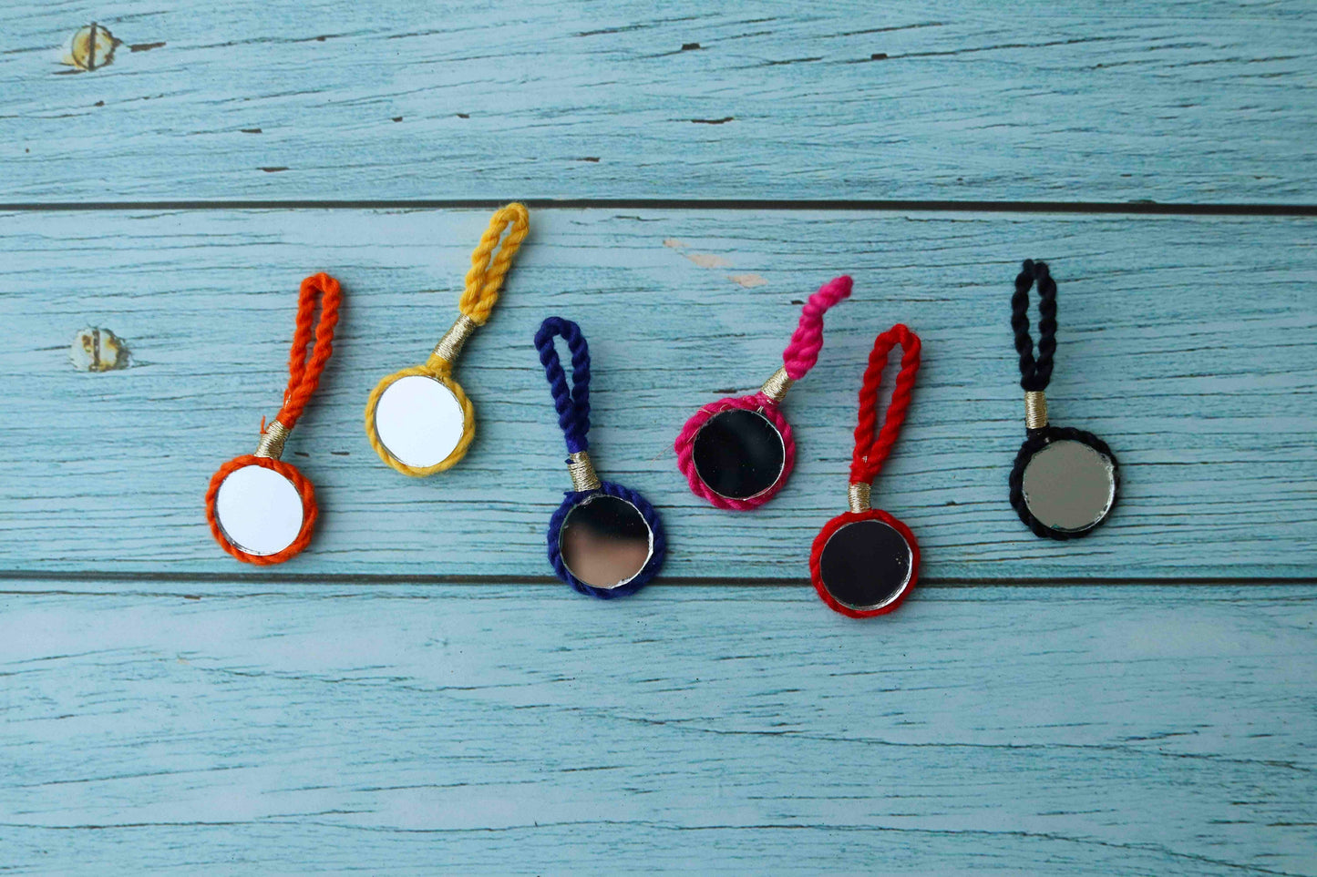 Boho Multicolour Round Mirror Tassel,Handmade Latkan, Rainbow Woollen Tufted Tassel,Quirky Kitschy Indian Tribal Charm, 2 pieces