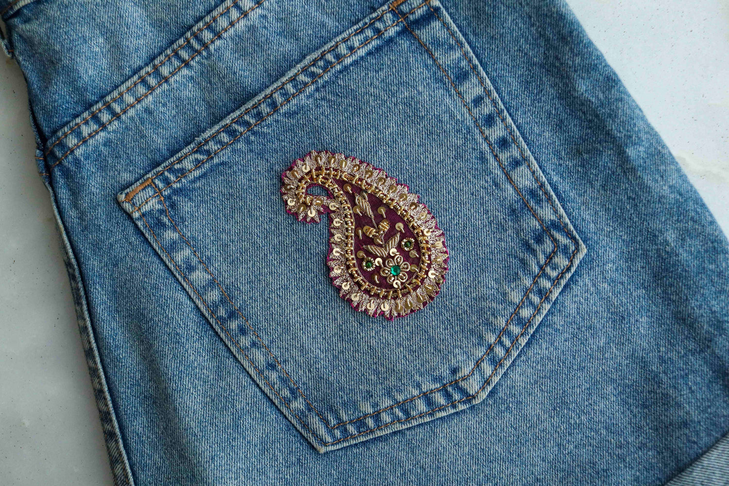 Vintage Pink Paisley Embroidered patch,Handmade Pink Gold Beaded Paisley applique, Pink Gold Sequin patch,Bridal Kairi Mango DIY Patch