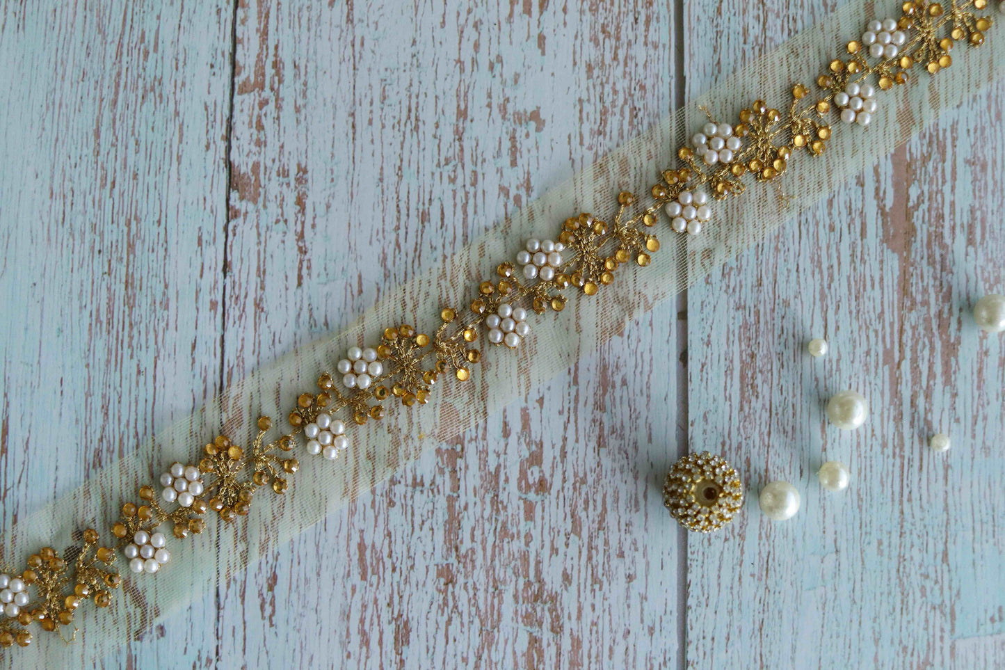 Pearl Floral Embroidered Net Trim,Beige White Gold Floral Border,Floral Vine Lace,Faux Pearl Stone Trim,Indian Trim,Saree Border,Price/mtr