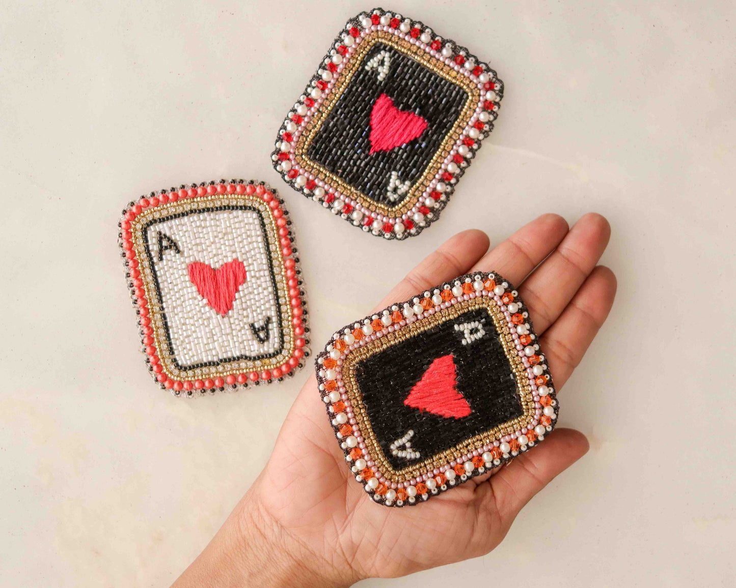 Black White Heart Cards Patch,Handmade Beaded Playing Cards Applique, Boho Red Heart Quirky Paan Patch,Playing Card Sign Patch