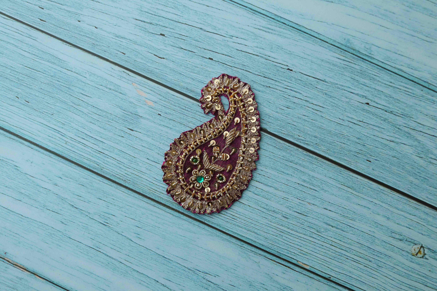 Vintage Pink Paisley Embroidered patch,Handmade Pink Gold Beaded Paisley applique, Pink Gold Sequin patch,Bridal Kairi Mango DIY Patch