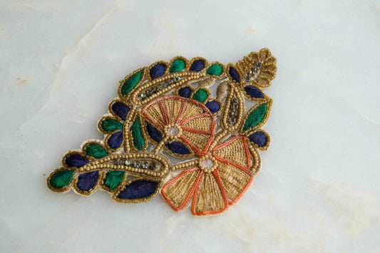 Green Blue Floral Embroidered patch,Handmade embroidered applique, Beige Blue Floral patch,Vintage Floral Applique,DIY Patch