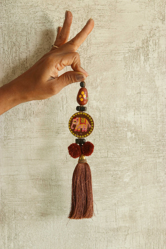 Boho Brown Matryoshka Elephant Tassel,Handmade Latkan, Brown Pompom Tassel,Quirky Kitschy Indian Tribal Charm,Christmas Tree Supply