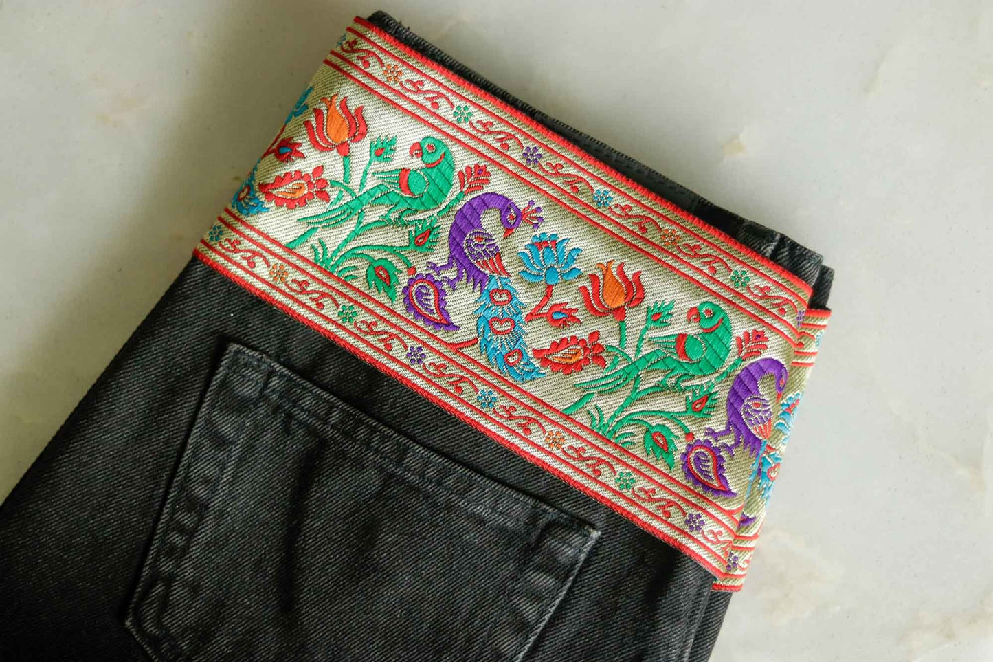 Peacock Parrot Floral Banarasi Trim,Purple Green Gold Brocade Border,Indian Paithani Brocade Lace,Designer Bird Saree Border,Price/mtr, CL