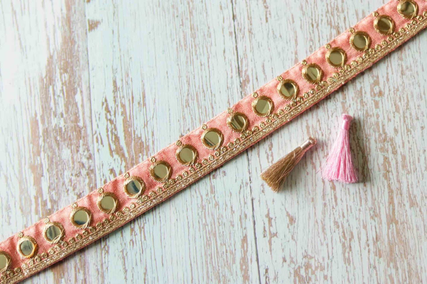 Peach Gold Mirror Sequin Trim,Indian Embroidered Border,Peach Fuzz Faux Mirror Lace,Peach Mirror Saree Border,Price/mtr
