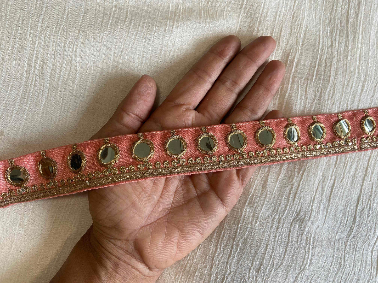 Peach Gold Mirror Sequin Trim,Indian Embroidered Border,Peach Fuzz Faux Mirror Lace,Peach Mirror Saree Border,Price/mtr