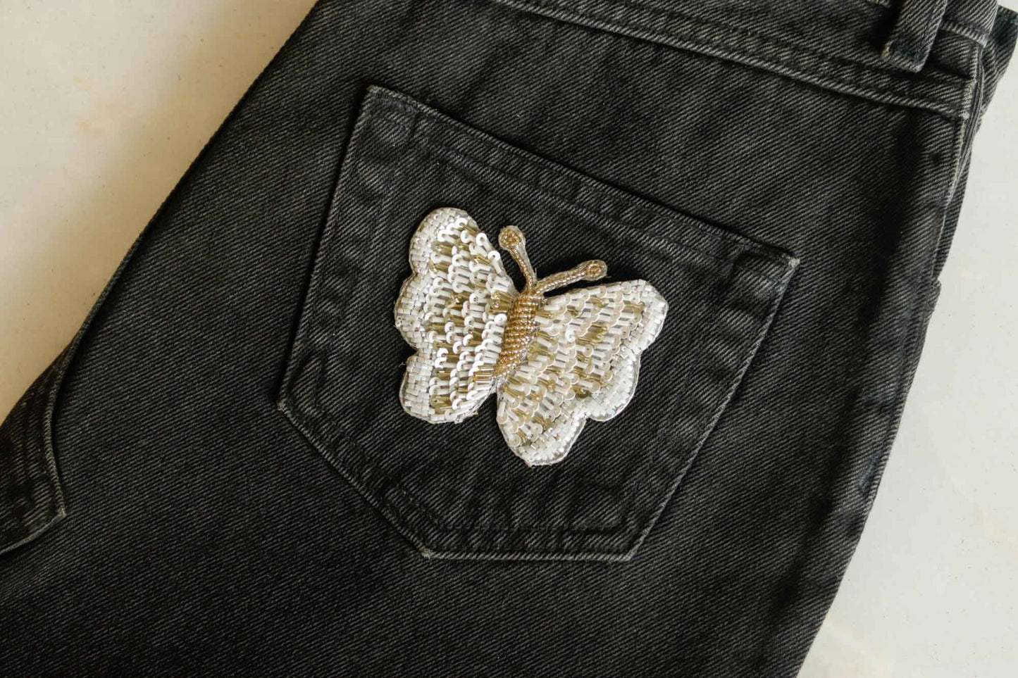 White Sequin Butterfly Embroidered Patch,Handmade White Gold Sequin Insect Applique, Boho Quirky Insect Patch,DIY Patch