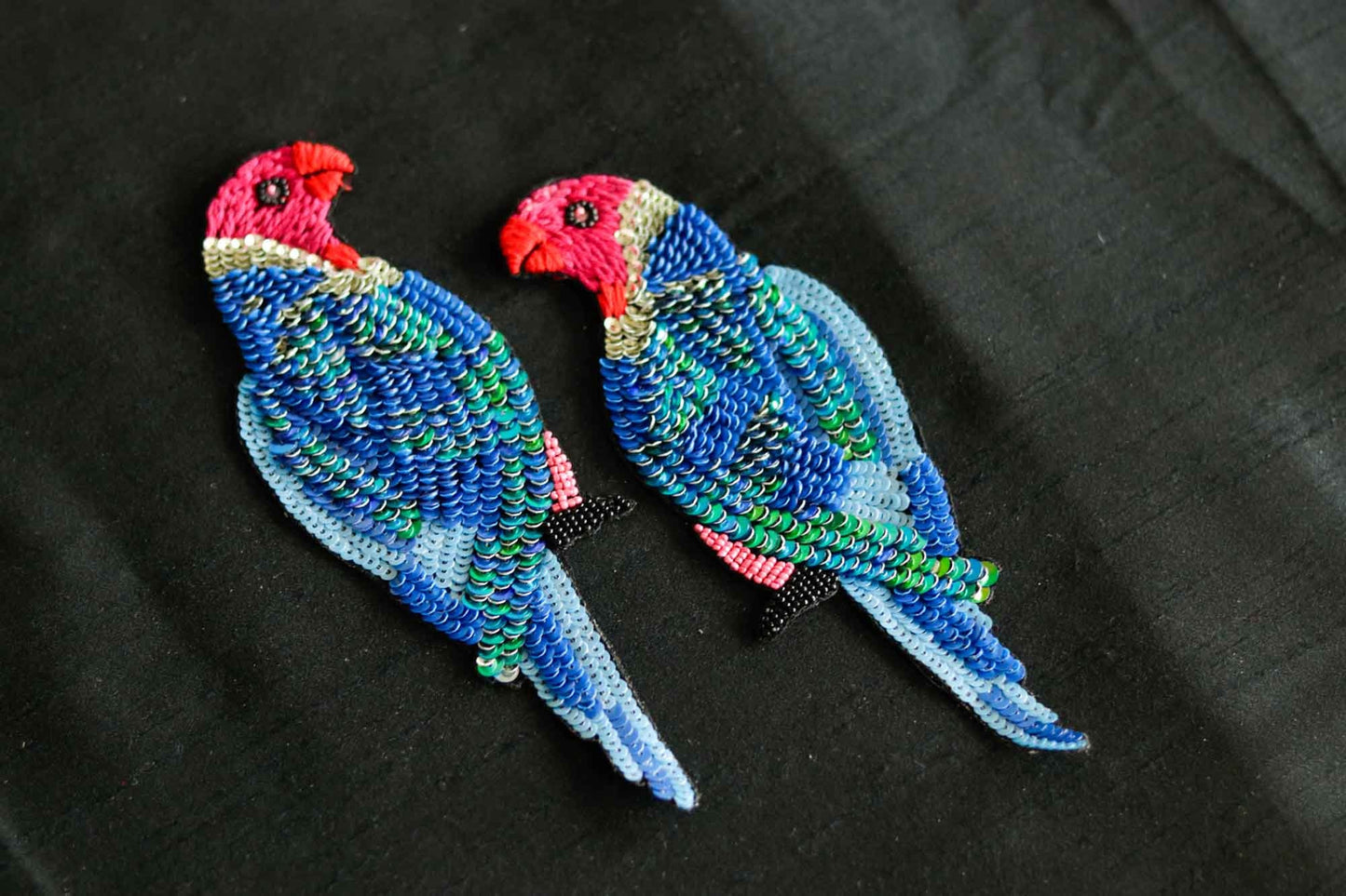 Blue Sequin Beaded Bird Patch,Handmade Embroidered Macaw Parrot applique, Pink Blue bird patch,Denim Patch,Sew on Applique, DIY Patch