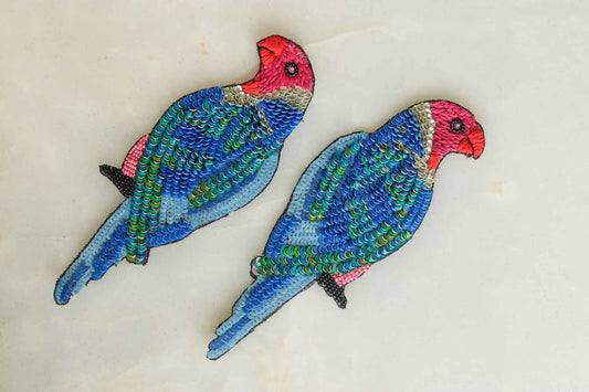 Blue Sequin Beaded Bird Patch,Handmade Embroidered Macaw Parrot applique, Pink Blue bird patch,Denim Patch,Sew on Applique, DIY Patch