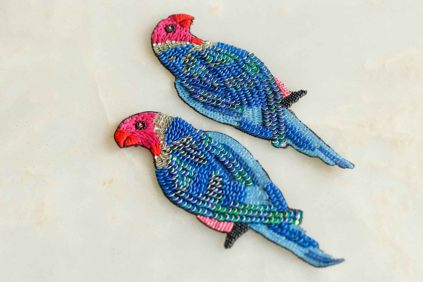 Blue Sequin Beaded Bird Patch,Handmade Embroidered Macaw Parrot applique, Pink Blue bird patch,Denim Patch,Sew on Applique, DIY Patch