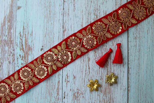 Red Gold Floral Velvet Trim,Indian Floral Embroidered Border,Red Gold Floral Lace,Designer Luxury Velvet Saree Border,Price/mtr