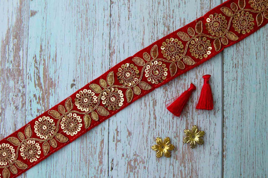 Red Gold Floral Velvet Trim,Indian Floral Embroidered Border,Red Gold Floral Lace,Designer Luxury Velvet Saree Border,Price/mtr