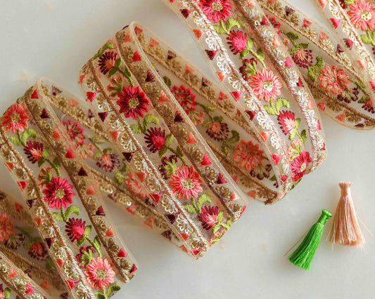 Peach Pink Floral Embroidered Trim,Sequin Floral Border,Yellow Red Floral Net Lace,Indian Fabric Trim,Floral Saree Border,Price/mtr