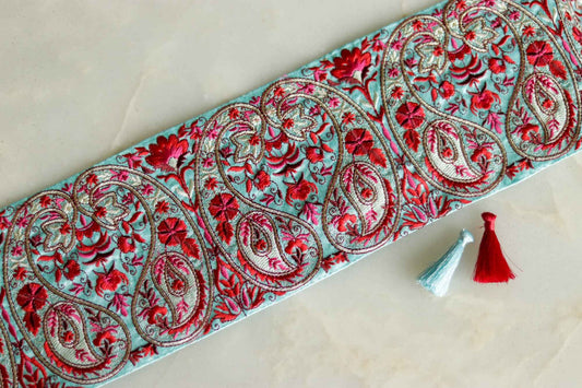 Blue Red Paisley Embroidered Trim,Indian Kashmiri Embroidered Border,Blue Paisley Embroidered Lace,Broad Saree Border, インド刺繍リボン,Price/mt