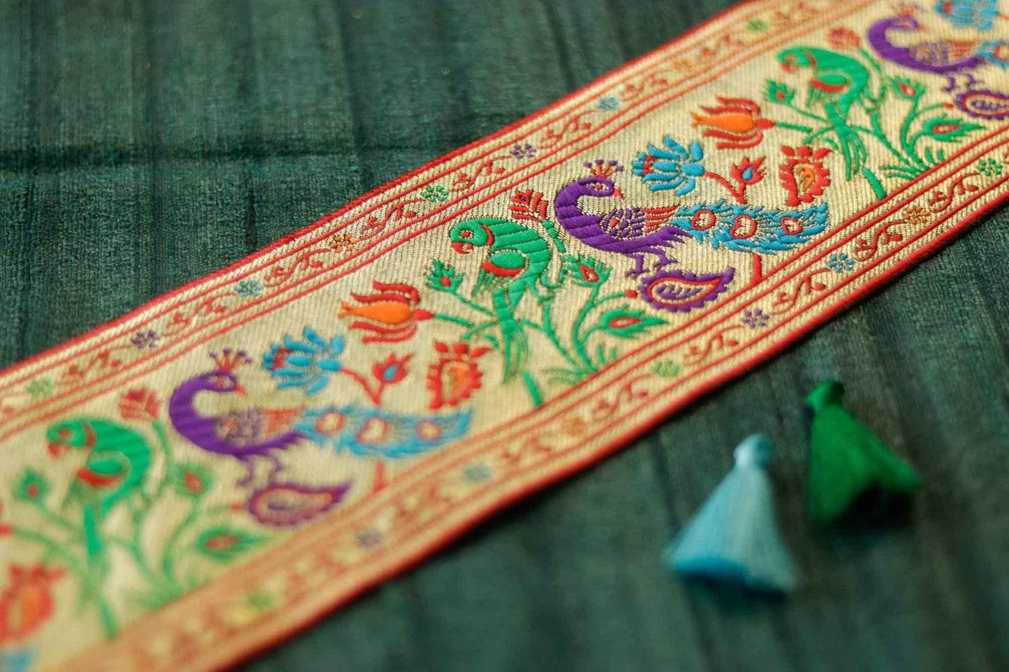 Peacock Parrot Floral Banarasi Trim,Purple Green Gold Brocade Border,Indian Paithani Brocade Lace,Designer Bird Saree Border,Price/mtr, CL