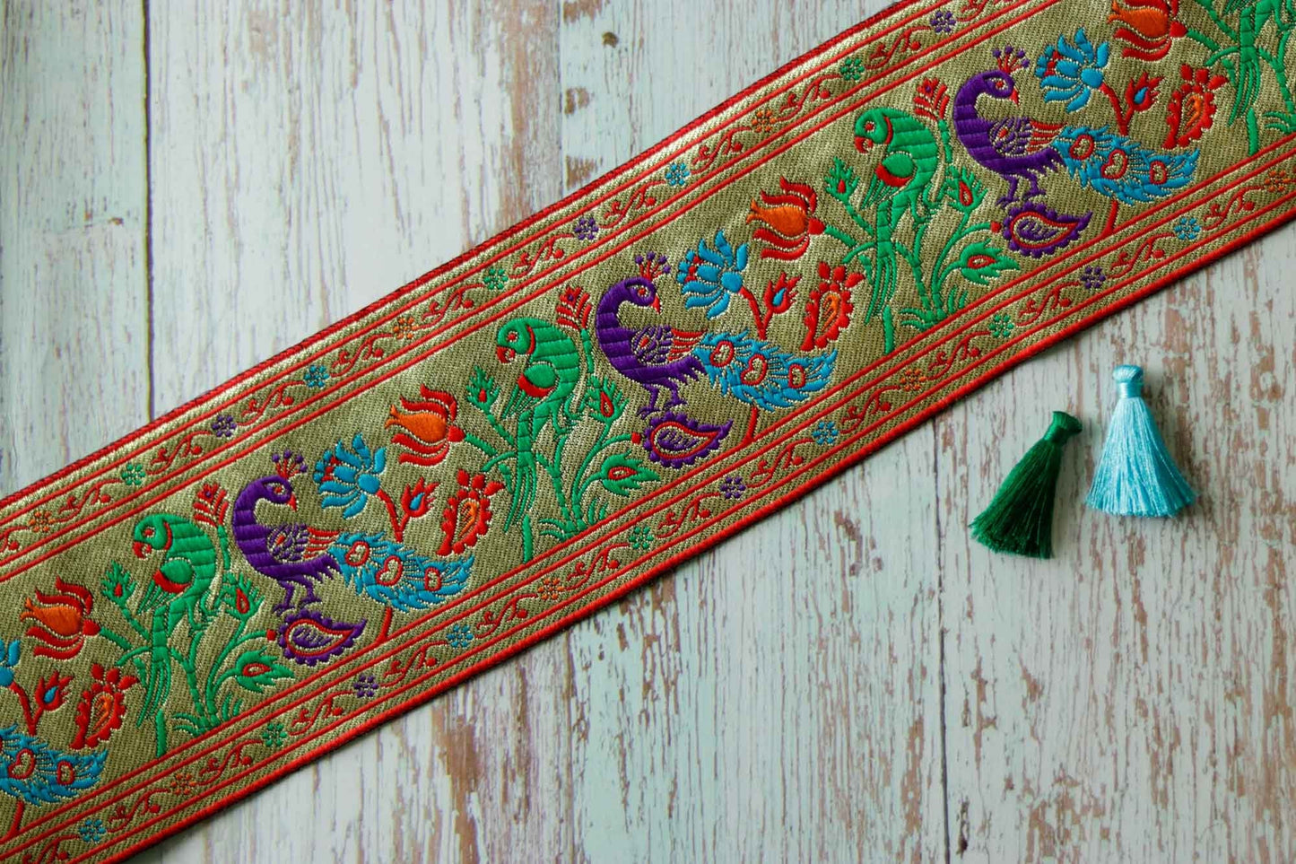 Peacock Parrot Floral Banarasi Trim,Purple Green Gold Brocade Border,Indian Paithani Brocade Lace,Designer Bird Saree Border,Price/mtr, CL