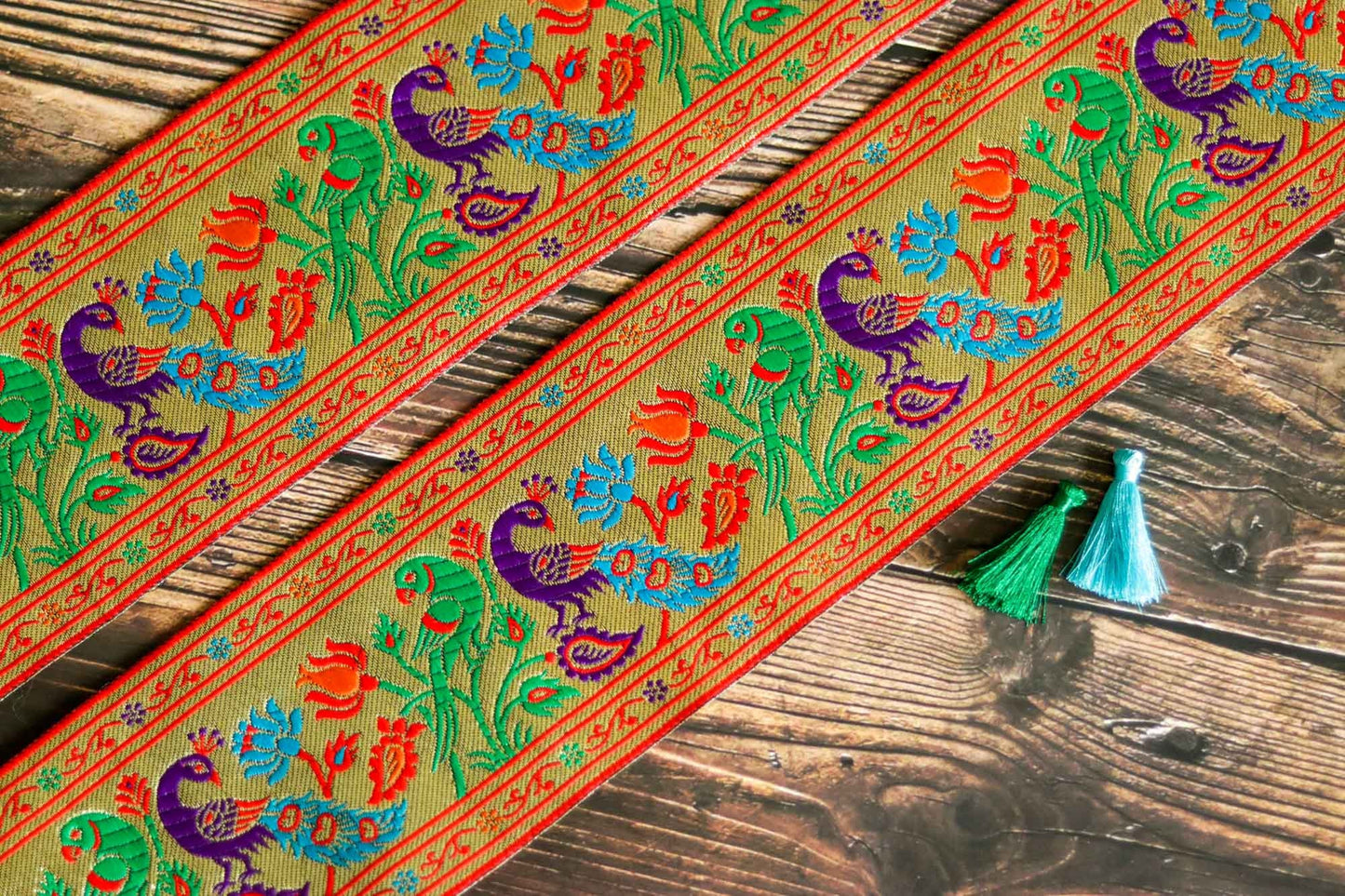 Peacock Parrot Floral Banarasi Trim,Purple Green Gold Brocade Border,Indian Paithani Brocade Lace,Designer Bird Saree Border,Price/mtr, CL