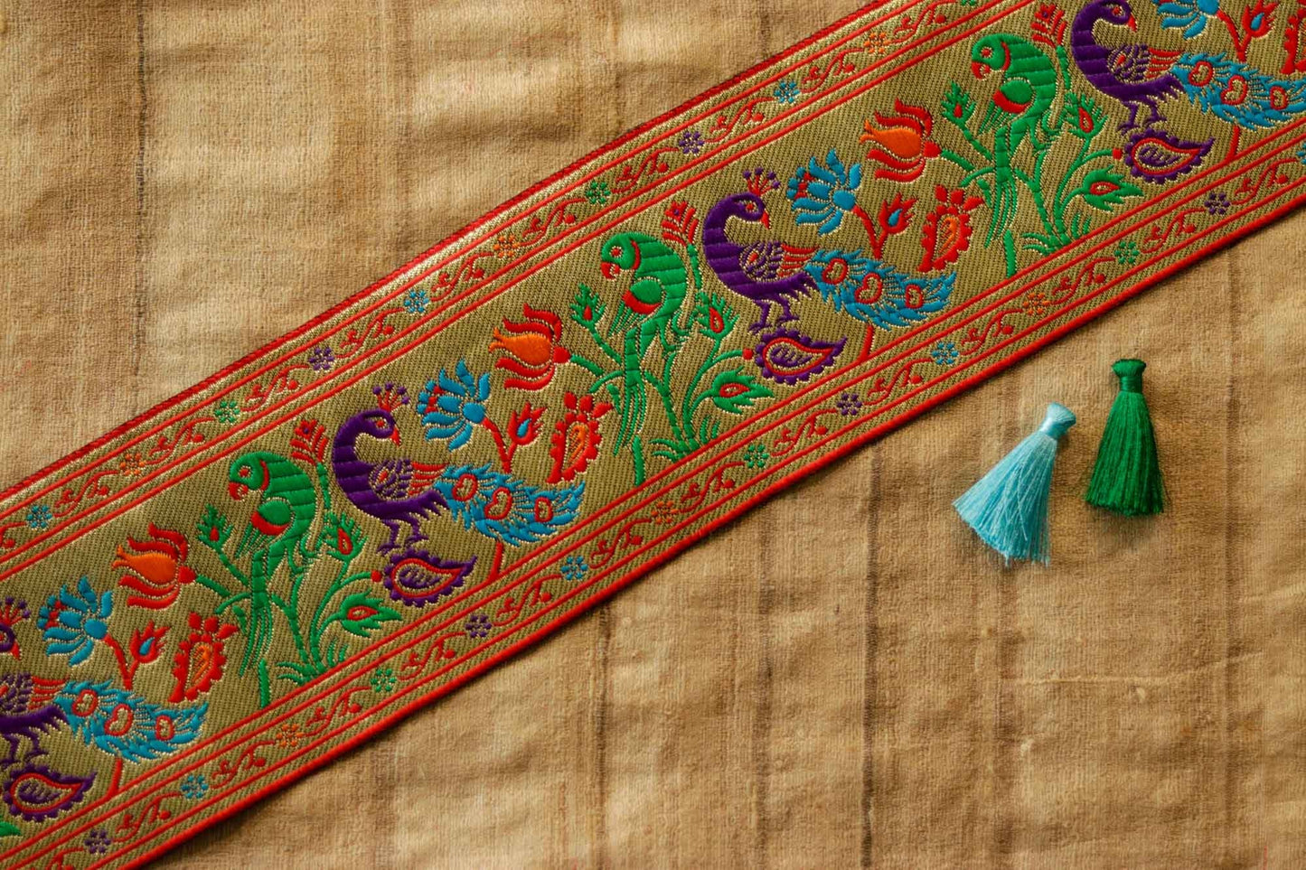 Peacock Parrot Floral Banarasi Trim,Purple Green Gold Brocade Border,Indian Paithani Brocade Lace,Designer Bird Saree Border,Price/mtr, CL