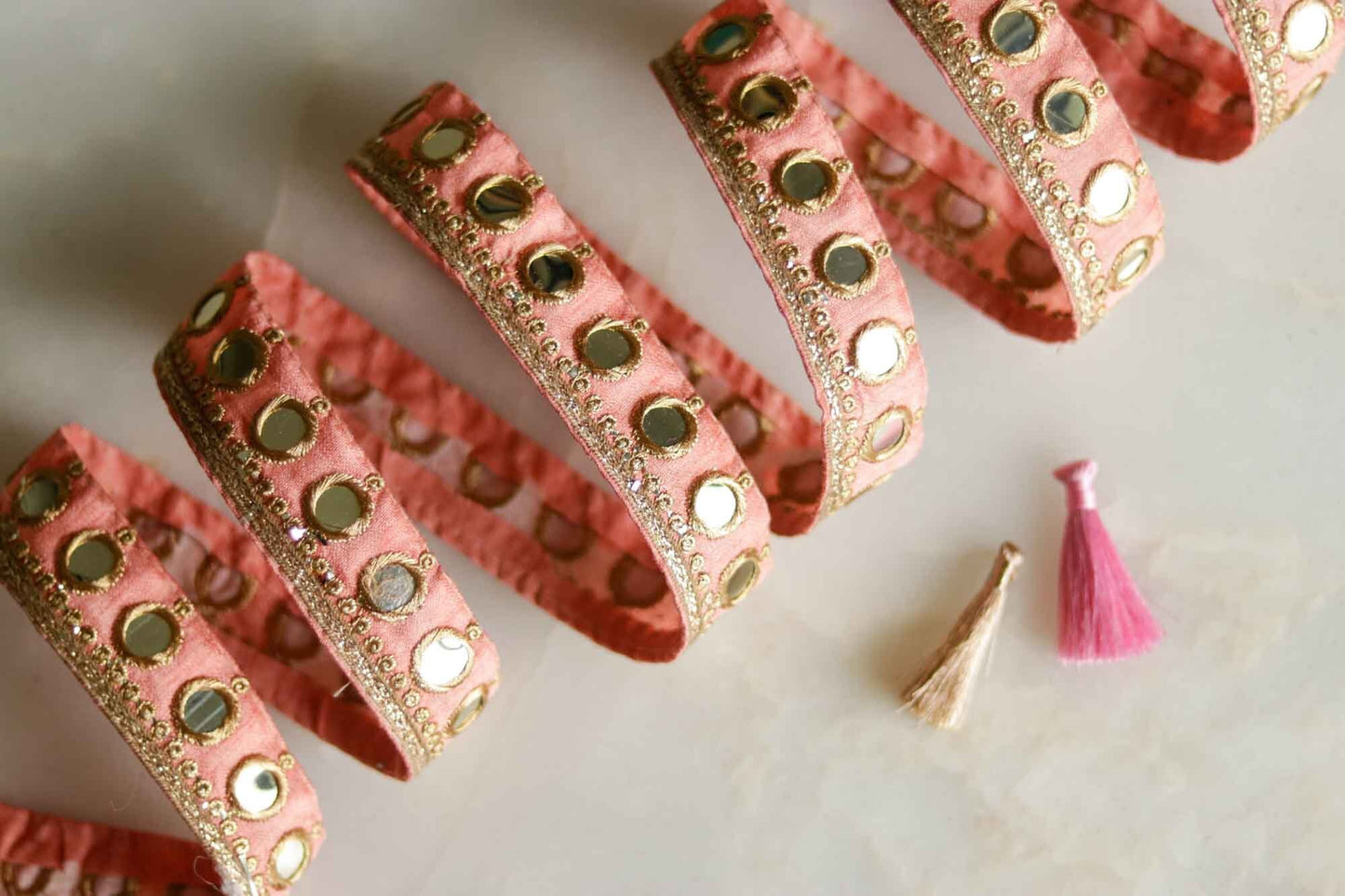 Peach Gold Mirror Sequin Trim,Indian Embroidered Border,Peach Fuzz Faux Mirror Lace,Peach Mirror Saree Border,Price/mtr
