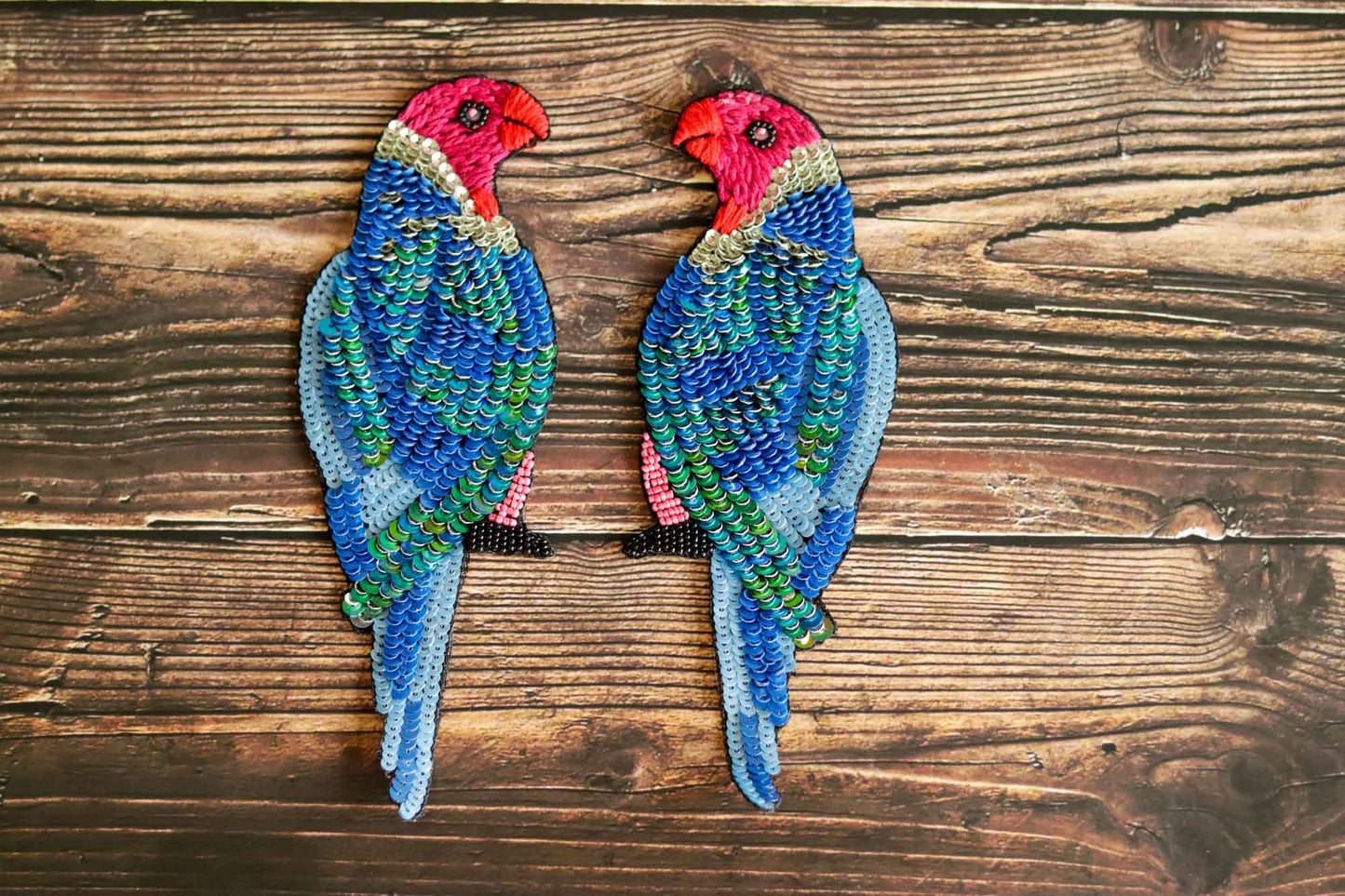 Blue Sequin Beaded Bird Patch,Handmade Embroidered Macaw Parrot applique, Pink Blue bird patch,Denim Patch,Sew on Applique, DIY Patch