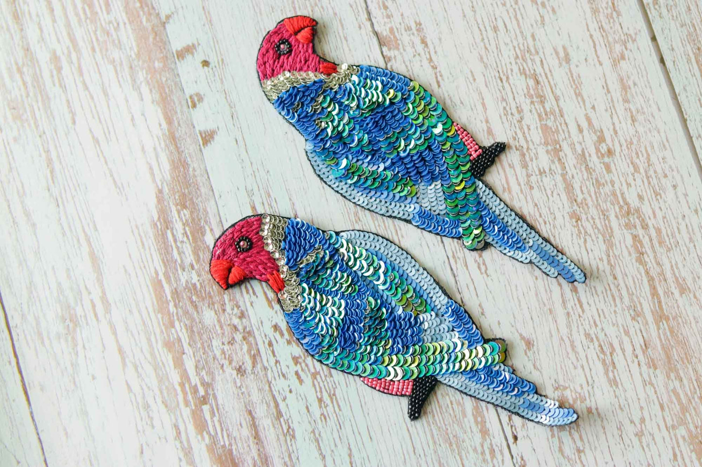 Blue Sequin Beaded Bird Patch,Handmade Embroidered Macaw Parrot applique, Pink Blue bird patch,Denim Patch,Sew on Applique, DIY Patch