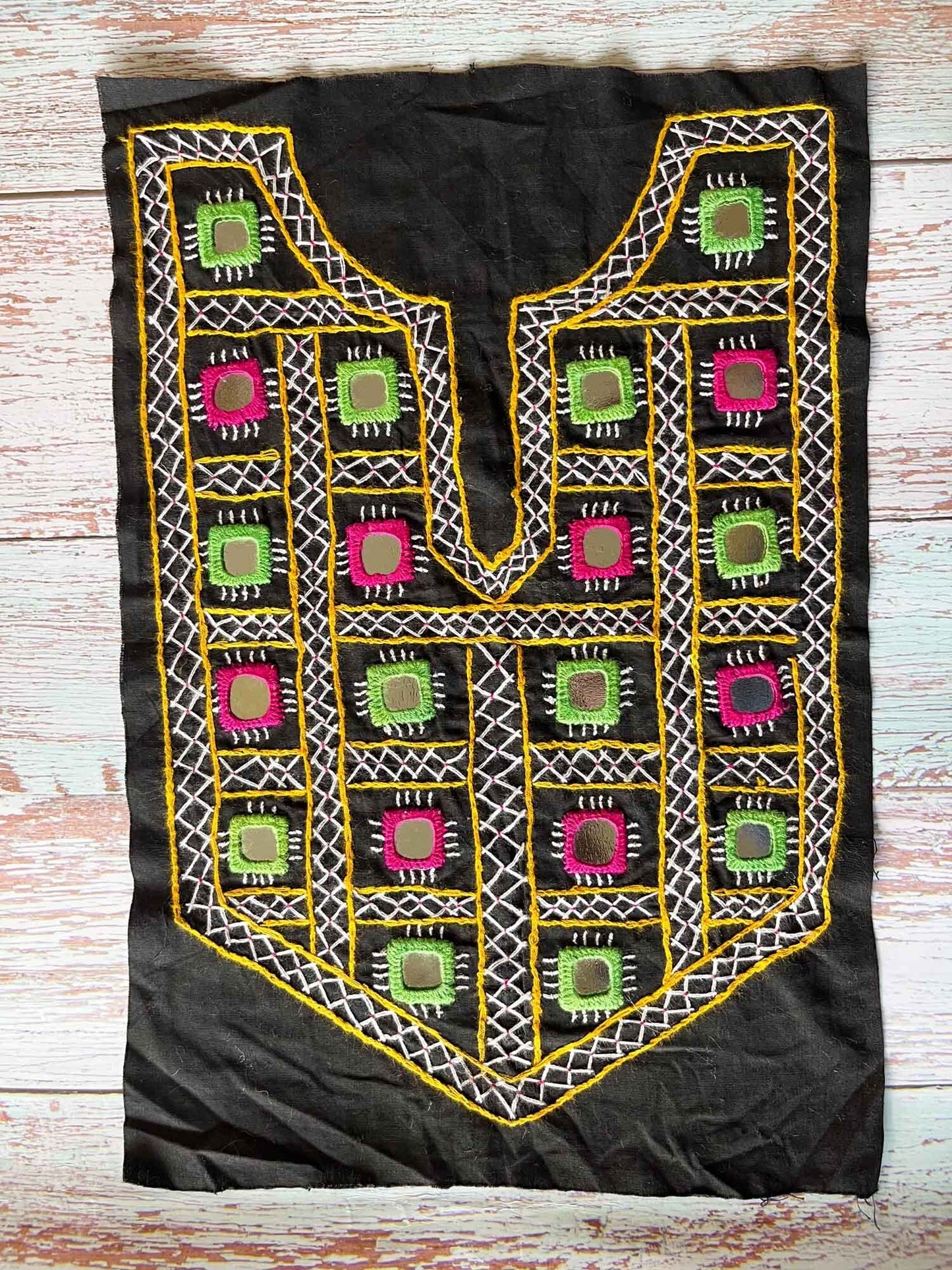Black Boho Banjara Yoke Neckline,Handmade Indian Embroidered Mirror Neck Patch, Upcycled Recycled Kutchi Sindhi Afghan Tribal Applique