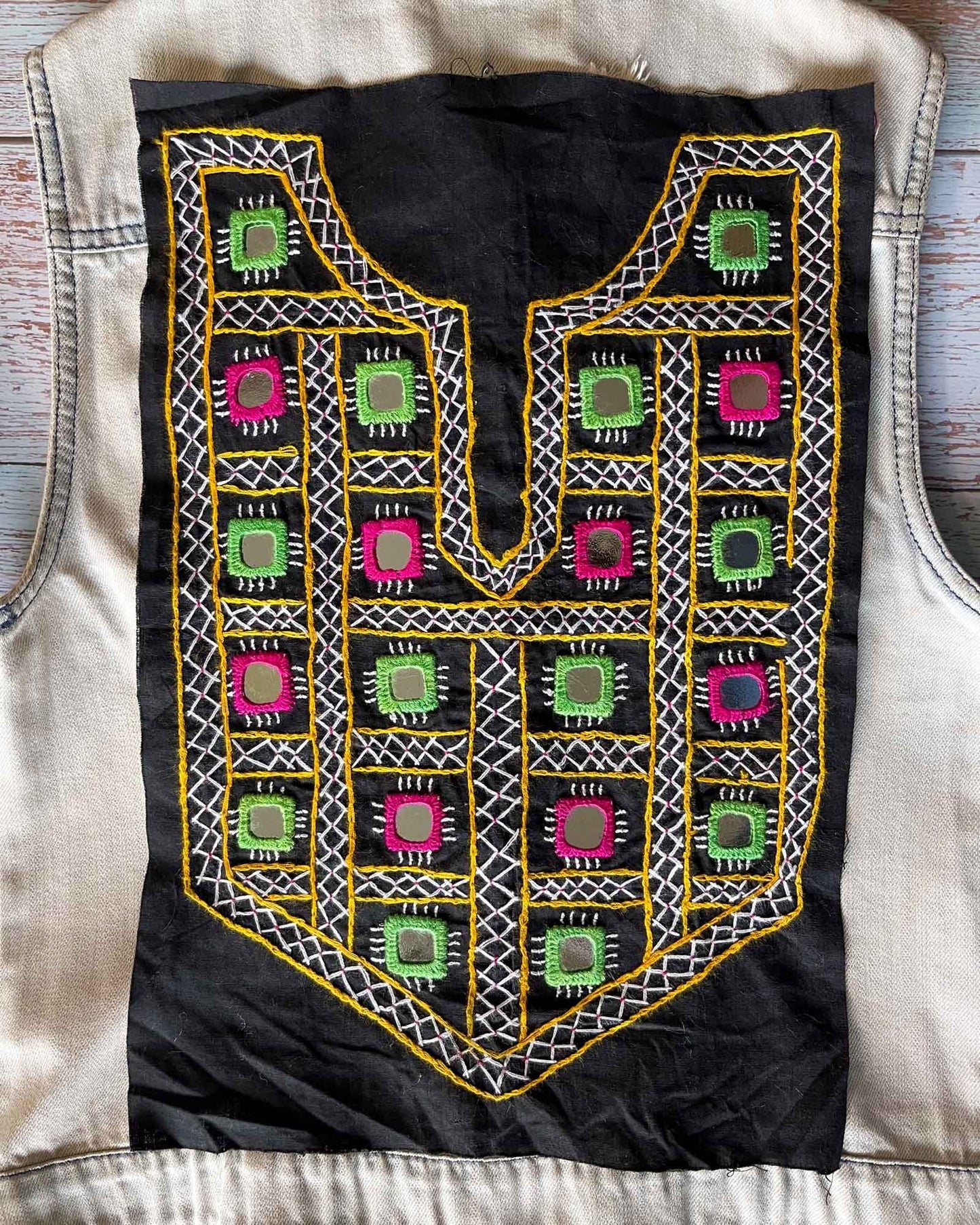 Black Boho Banjara Yoke Neckline,Handmade Indian Embroidered Mirror Neck Patch, Upcycled Recycled Kutchi Sindhi Afghan Tribal Applique