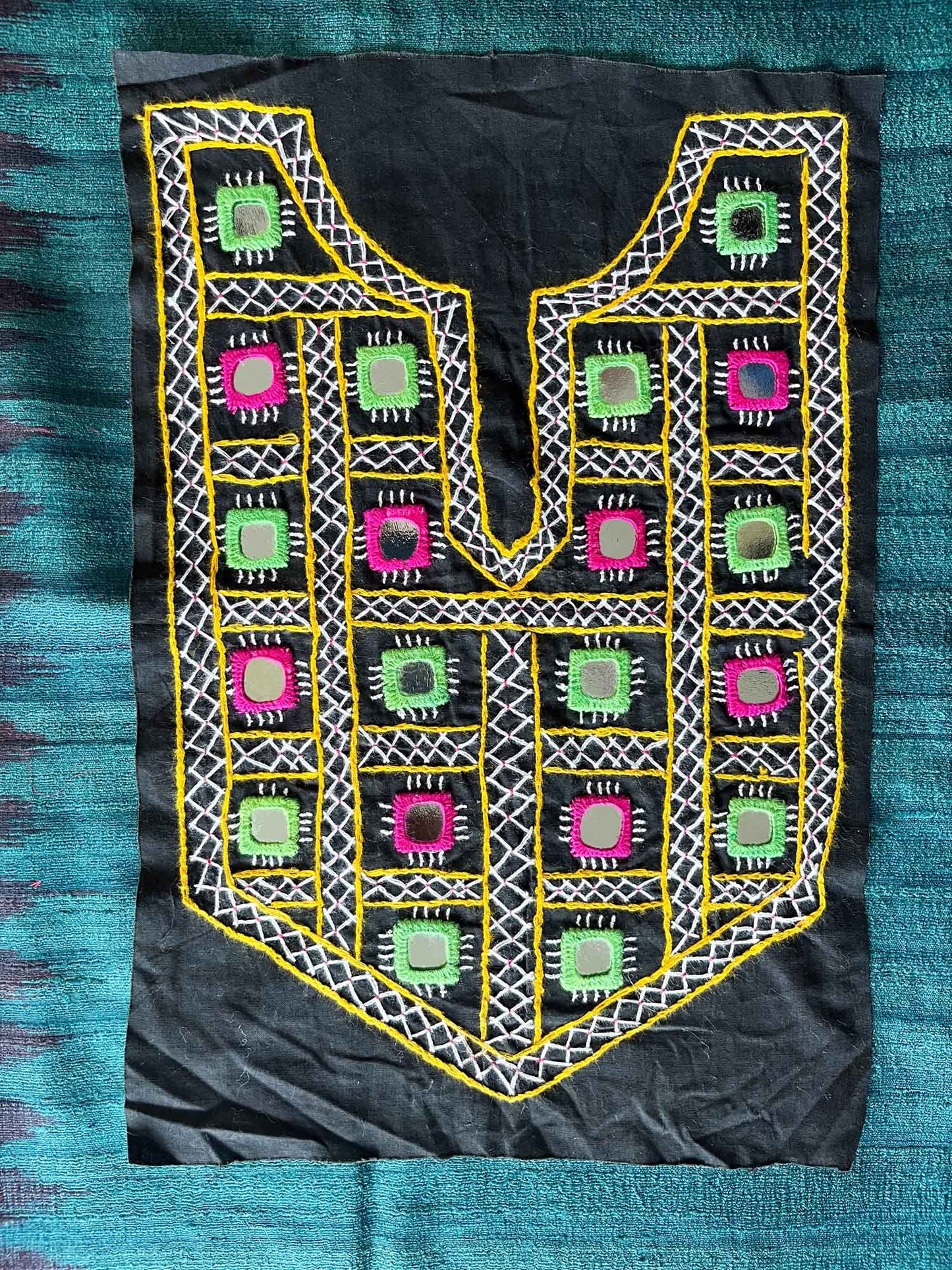 Black Boho Banjara Yoke Neckline,Handmade Indian Embroidered Mirror Neck Patch, Upcycled Recycled Kutchi Sindhi Afghan Tribal Applique