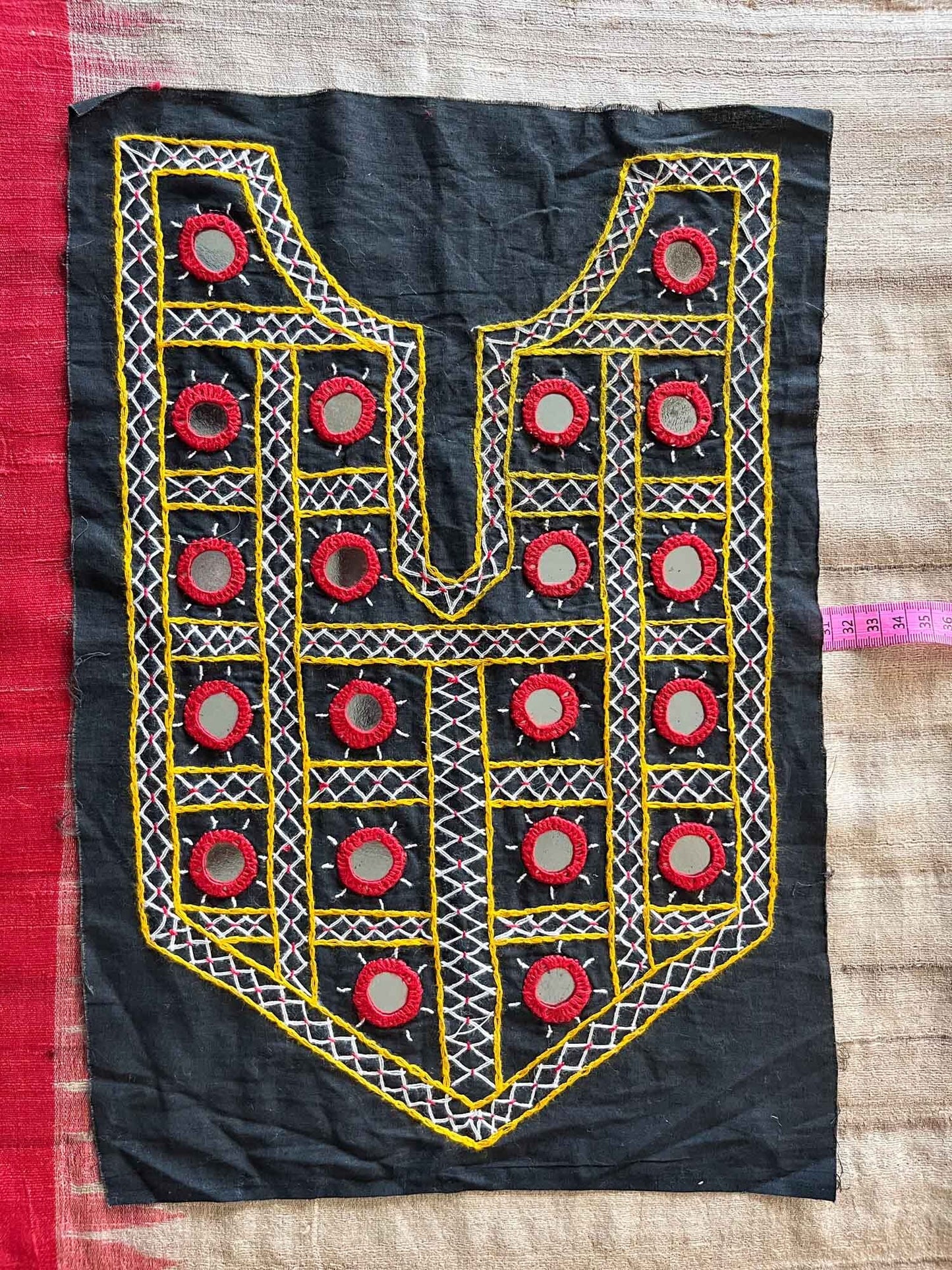 Black Boho Banjara Yoke Neckline,Handmade Indian Embroidered Mirror Neck Patch, Upcycled Recycled Kutchi Sindhi Afghan Tribal Applique