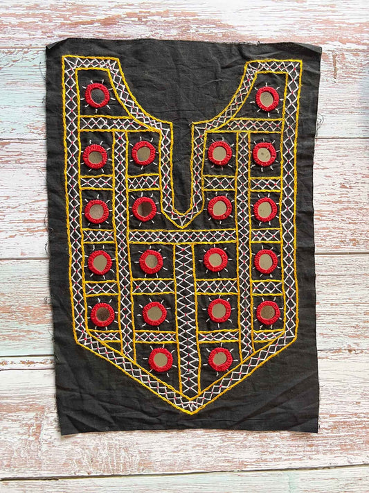 Black Boho Banjara Yoke Neckline,Handmade Indian Embroidered Mirror Neck Patch, Upcycled Recycled Kutchi Sindhi Afghan Tribal Applique