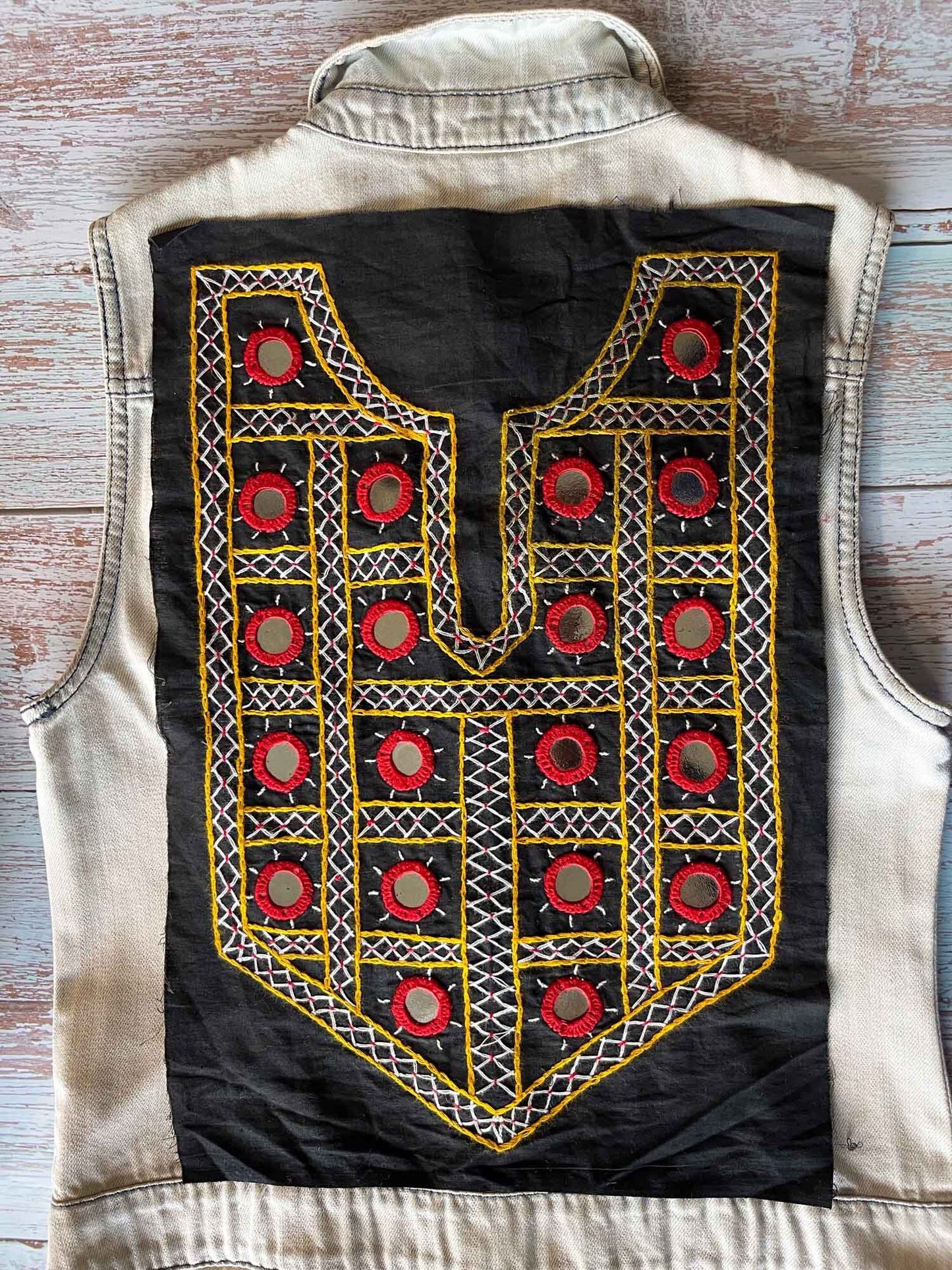 Black Boho Banjara Yoke Neckline,Handmade Indian Embroidered Mirror Neck Patch, Upcycled Recycled Kutchi Sindhi Afghan Tribal Applique