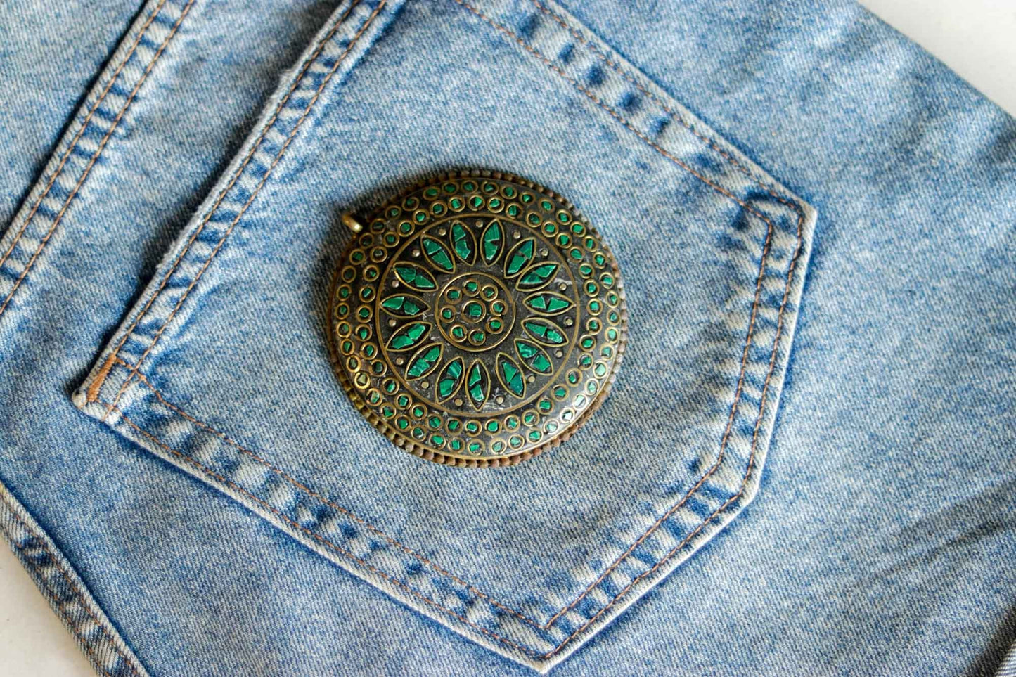 Green Gold Round Metal Charm,Green Gold Pendant,Tibetan Tribal Boho button,Tibetan Jewellery,Mosaic Inlay Button,Indian Jewellery Charm