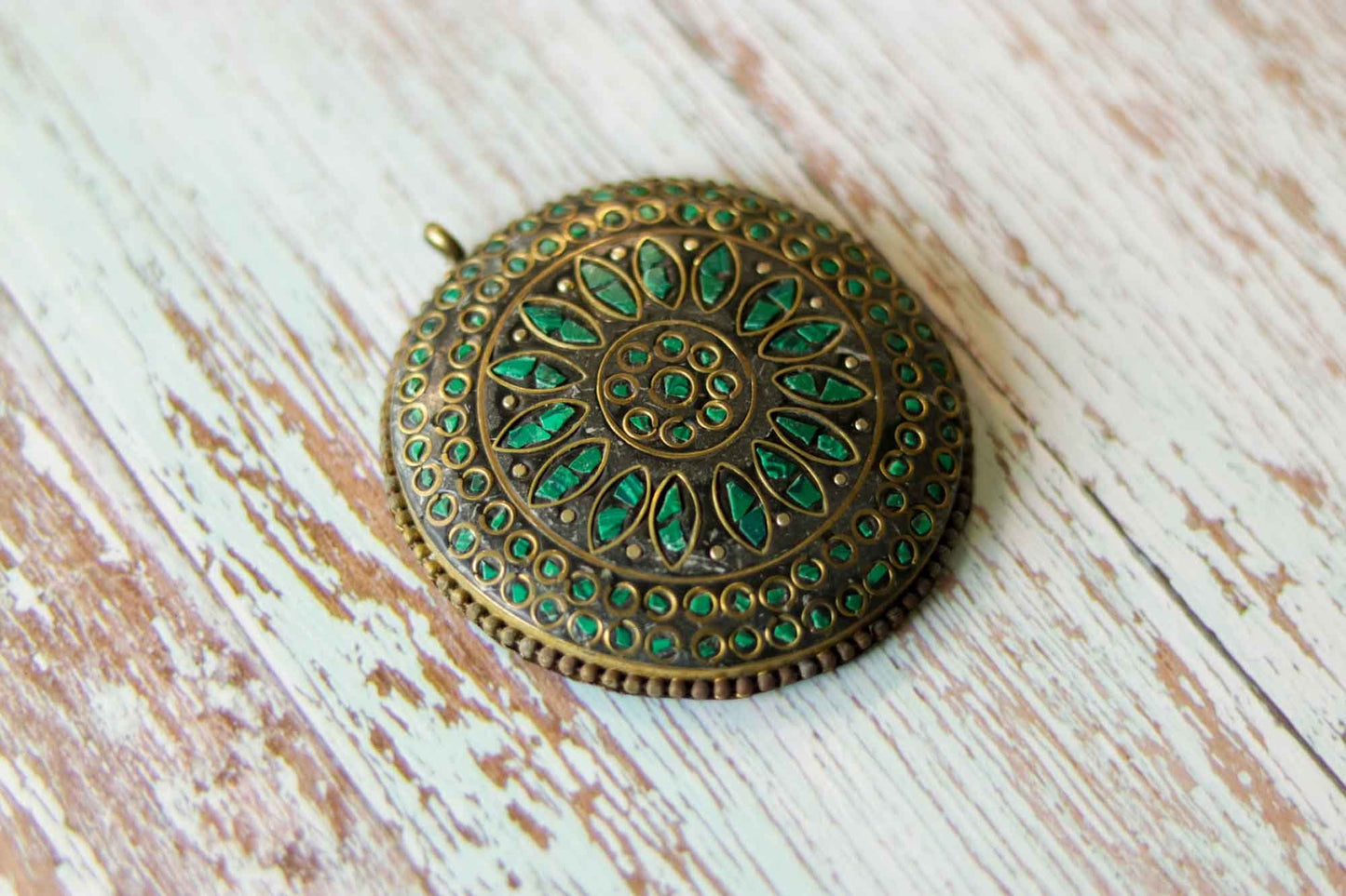 Green Gold Round Metal Charm,Green Gold Pendant,Tibetan Tribal Boho button,Tibetan Jewellery,Mosaic Inlay Button,Indian Jewellery Charm