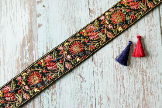 Black Red Floral Embroidered Trim,Indian Fabric Embroidered Border,Parsi Embroidery Lace,Black Pink Saree Border, インド刺繍リボン, Price/mtr,
