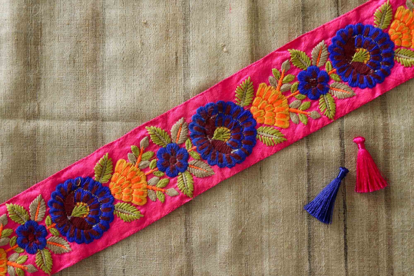 Pink Blue Floral Embroidered Trim,Indian Floral Fabric Border,Vibrant Floral Lace,Parsi Embroidery Border,Pink Floral Saree Border,Price/mtr