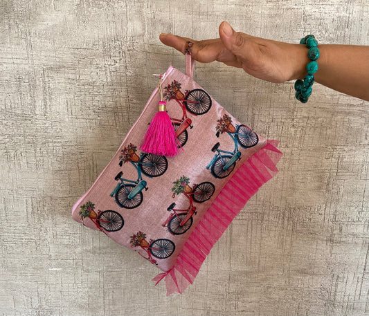 Savaari - Pink Cycle Print pouch,Quirky Make-up Cosmetic Toiletry Travel Accessory bag,Boho clutch,Zip pouch,Stocking filler,Christmas gift