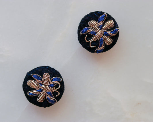 Black Blue Butterfly Velvet Button,Handmade Embroidered Button,Velvet Charm,Black Gold Butterfly Button,Sherwani Button,Wedding Button,2 pcs