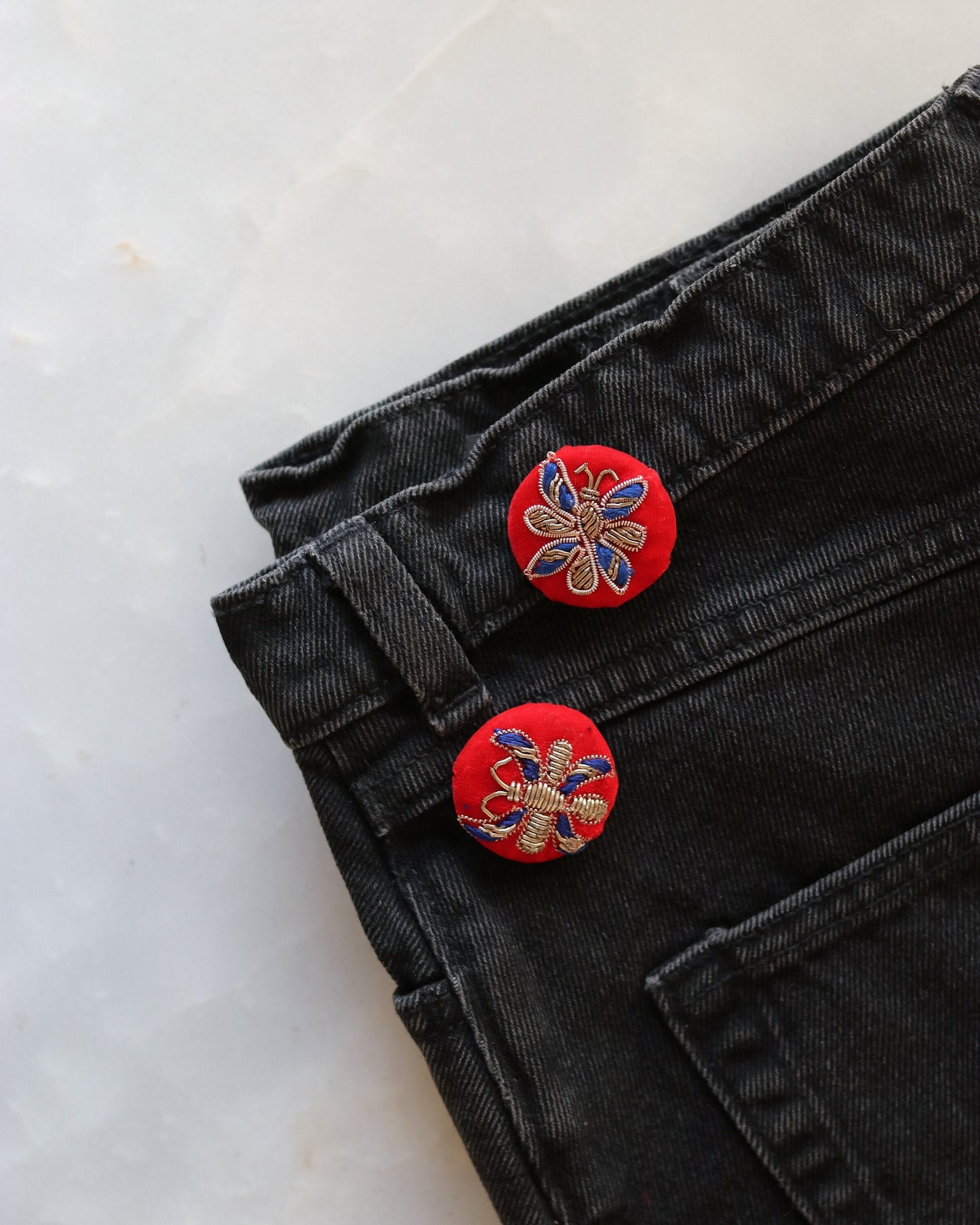 Red Blue Butterfly Velvet Button,Handmade Embroidered Button,Velvet Charm,Red Gold Butterfly Button,Sherwani Button,Wedding Button,2 pcs