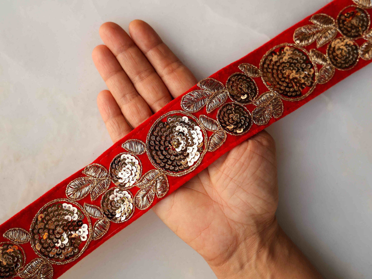 Red Gold Velvet Sequin Trim,Indian Embroidered Fabric Border,Red Gold Floral Sequin Lace,Red Saree Border,Price/mtr