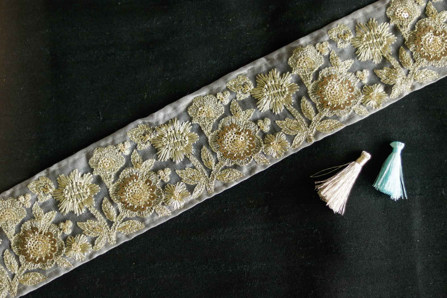 Grey Gold Floral Embroidered Trim,Grey Sequin Net Border,Grey Tissue Lace,Indian Fabric Trim,Grey Gold Saree Border,Price/mtr