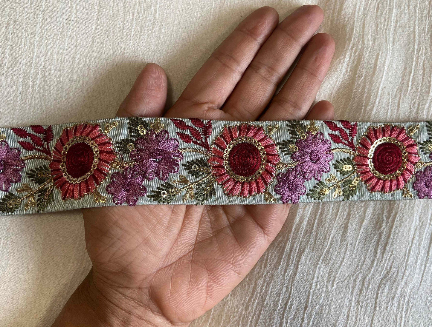 Blue Pink Floral Embroidered Trim,Powder Blue Floral Border,Blue Sequin Lace,Indian Fabric Trim,Floral Saree Border,インド刺繍リボン, Price/mtr