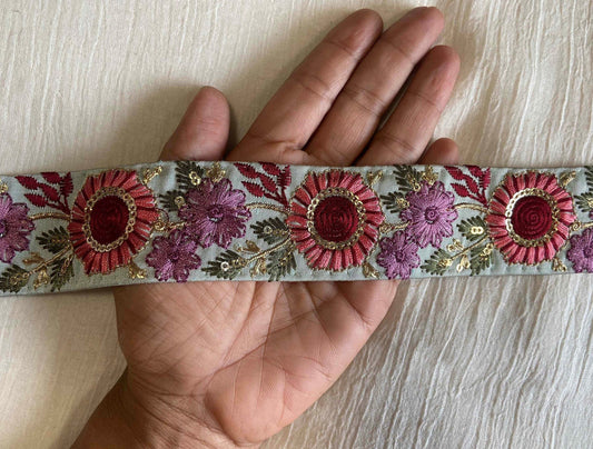Blue Pink Floral Embroidered Trim,Powder Blue Floral Border,Blue Sequin Lace,Indian Fabric Trim,Floral Saree Border,インド刺繍リボン, Price/mtr