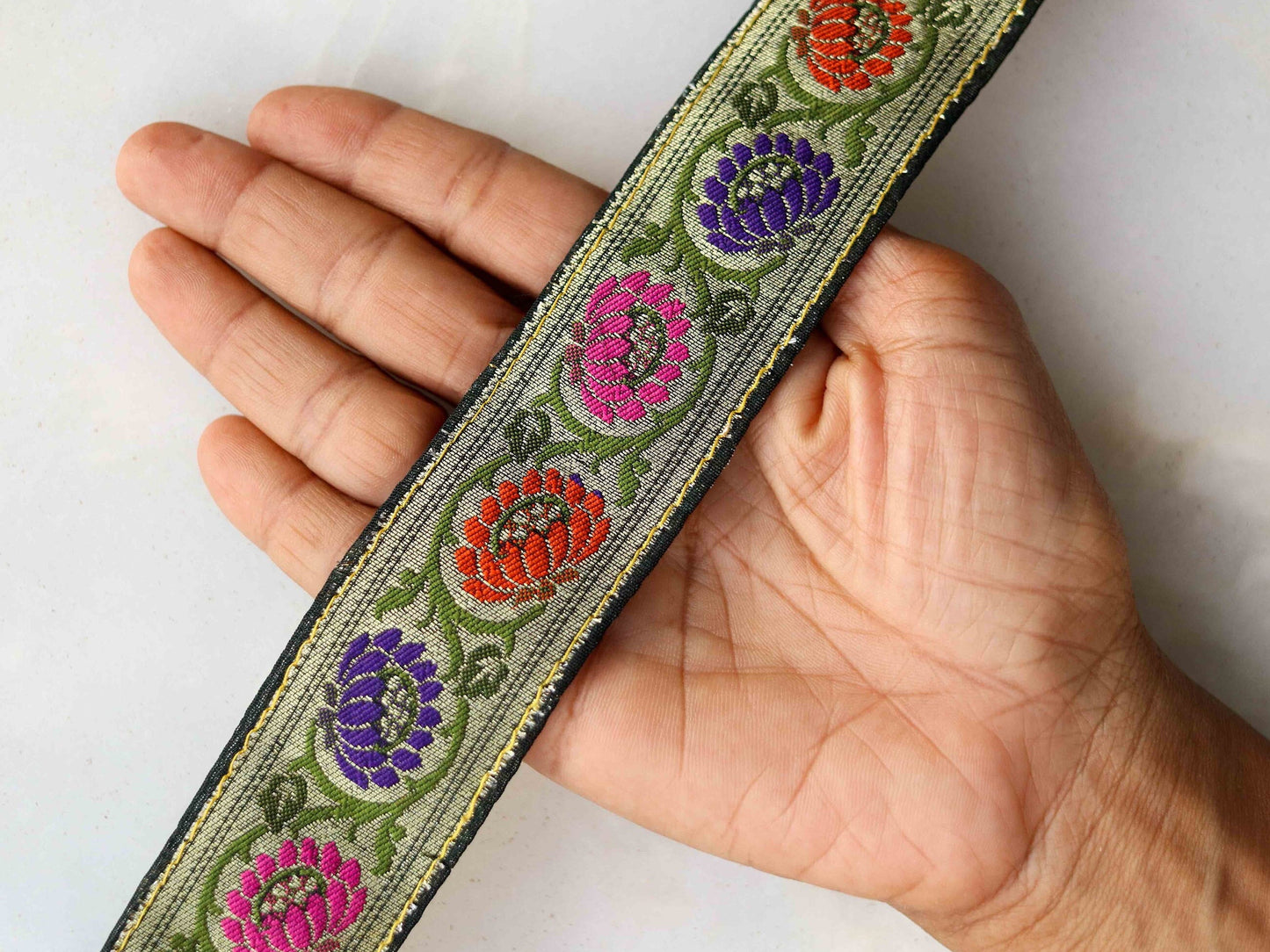 Black Pink Floral Banarasi Trim,Brocade Silk Border,Indian Brocade Lace,Banarasi Saree Border,Black Bridal Trim,Price/mtr