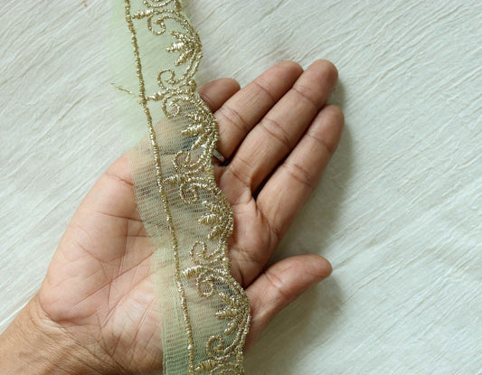 Green Gold Scallop Embroidered Trim,Mint Green Net Border,Cutwork Floral Net Lace,Indian Fabric Trim,Green Saree Border,Price/mtr