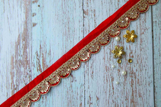 Red Gold Scallop Embroidered Trim,Cutwork Gold Zari Sequin Border,Bridal Designer Lace,Red Gold Floral Saree Border,インド刺繍リボン, Price/mtr