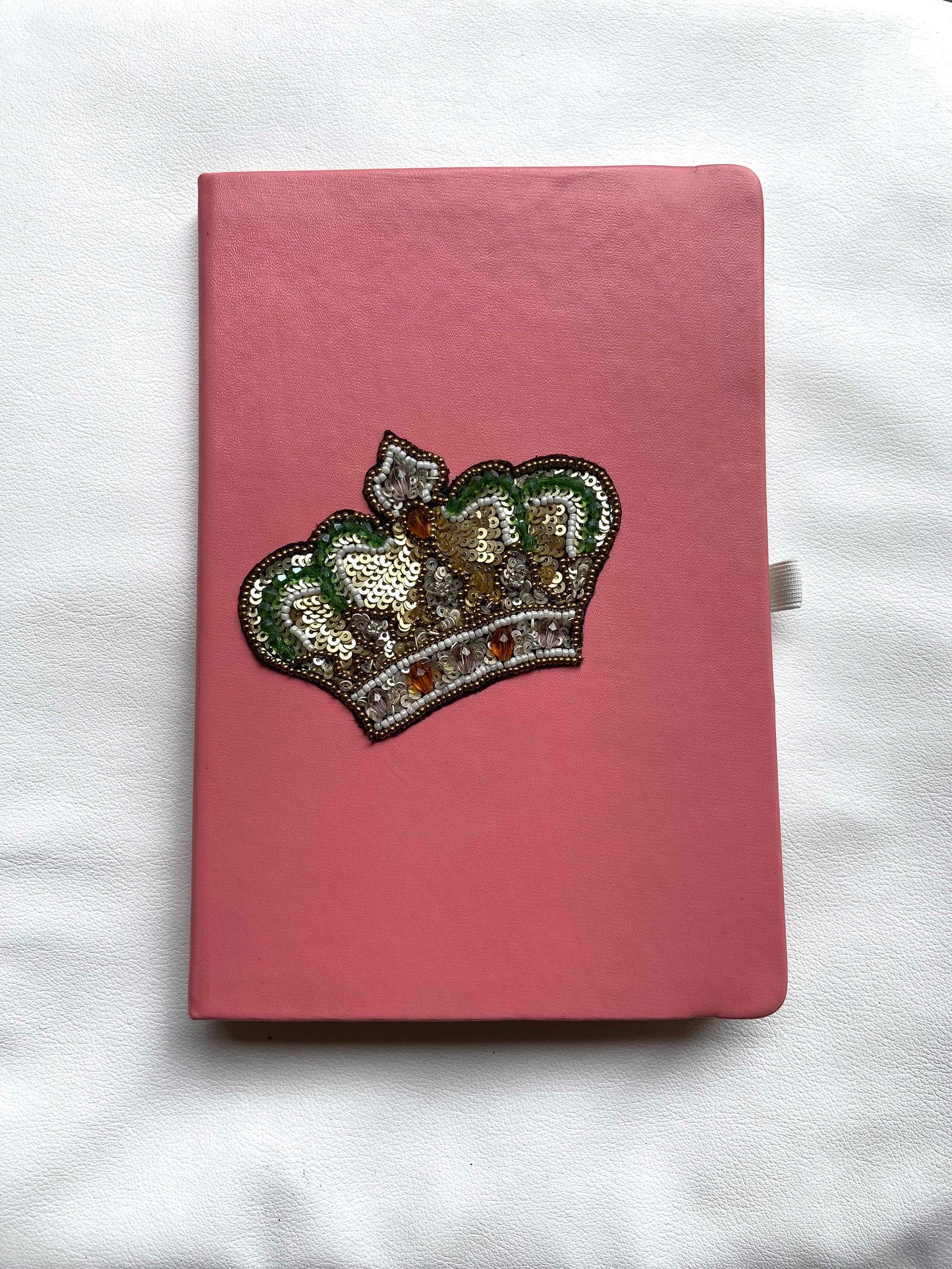 Quirky Crown Handmade Travel Journal,Pink Embroidered PU Vegan Leather Diary,Lined Notebook,Christmas Gift For Her,Undated Planner